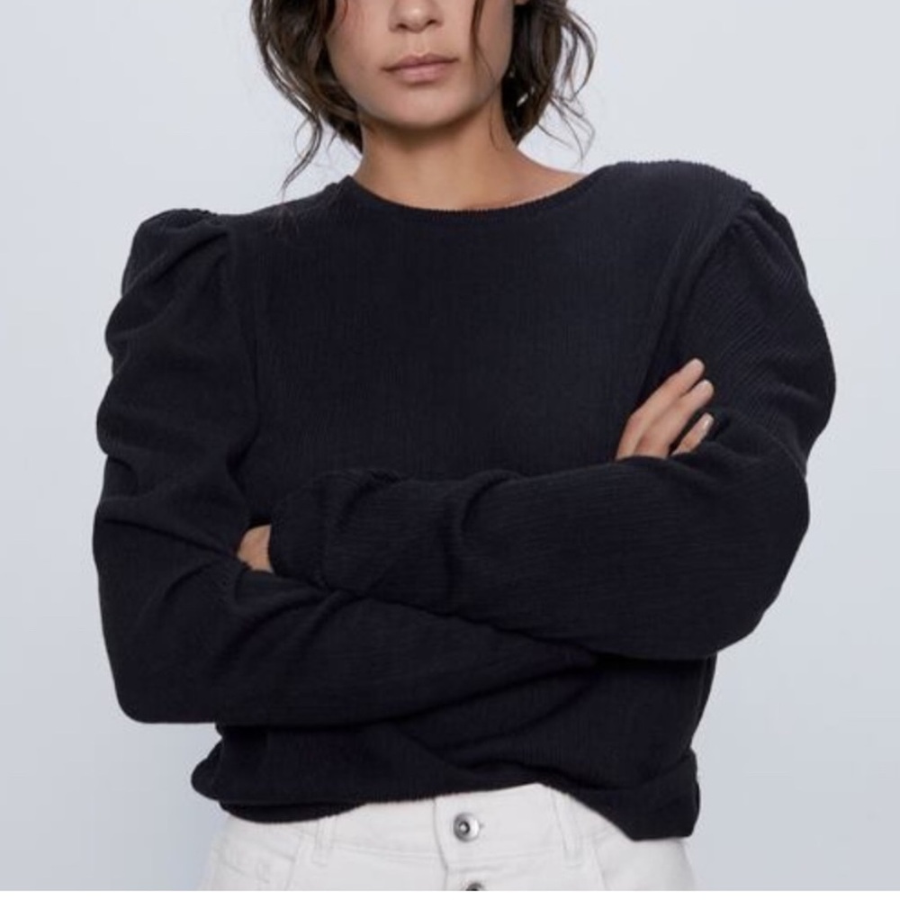 NWT ZARA TEXTURED RIBBED PUFF SLEEVE BLACK KNIT TOP S